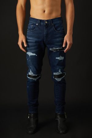 Jeans Blav de culoare albastru spalat fabricat manual din material blug premium