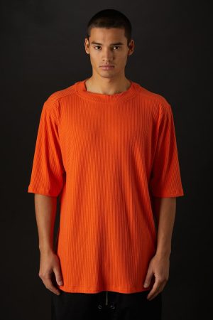 Tricoul Costarica de culoare portocaliu cu striatii fabricat manual din material jersey